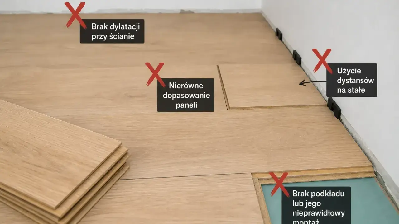 Błędy przy układaniu paneli podłogowych: brak dylatacji, nierówne dopasowanie, użycie dystansów na stałe, brak lub zły podkład.