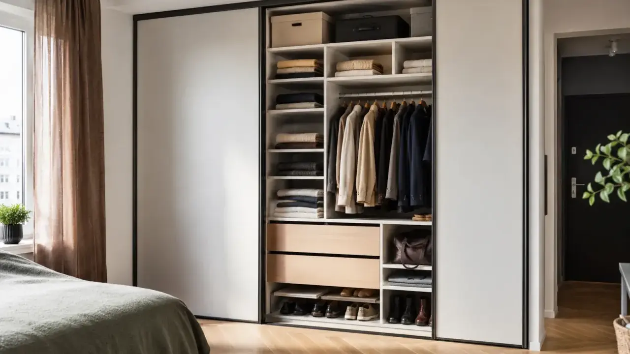 Nowoczesna szafa DIY z drzwiami przesuwnymi, pełna ubrań i butów.