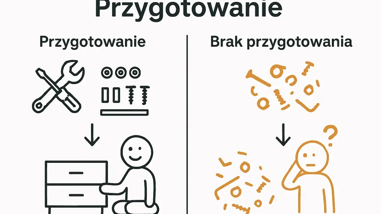Budowa mebli krok po kroku: przygotowanie narzędzi i części prowadzi do sukcesu, brak przygotowania do frustracji.