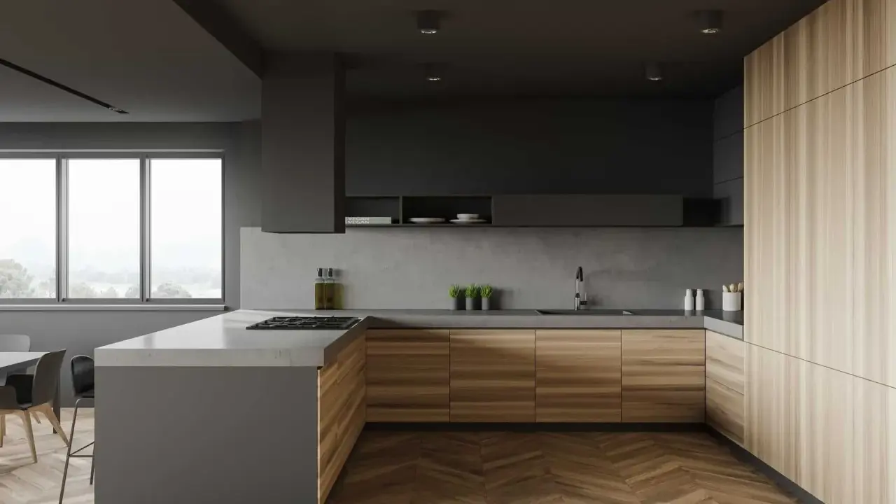 Nowoczesna kuchnia z drewnianymi frontami i betonowym blatem. Idealne kuchnia inspiracje dla miłośników minimalizmu i naturalnych materiałów.