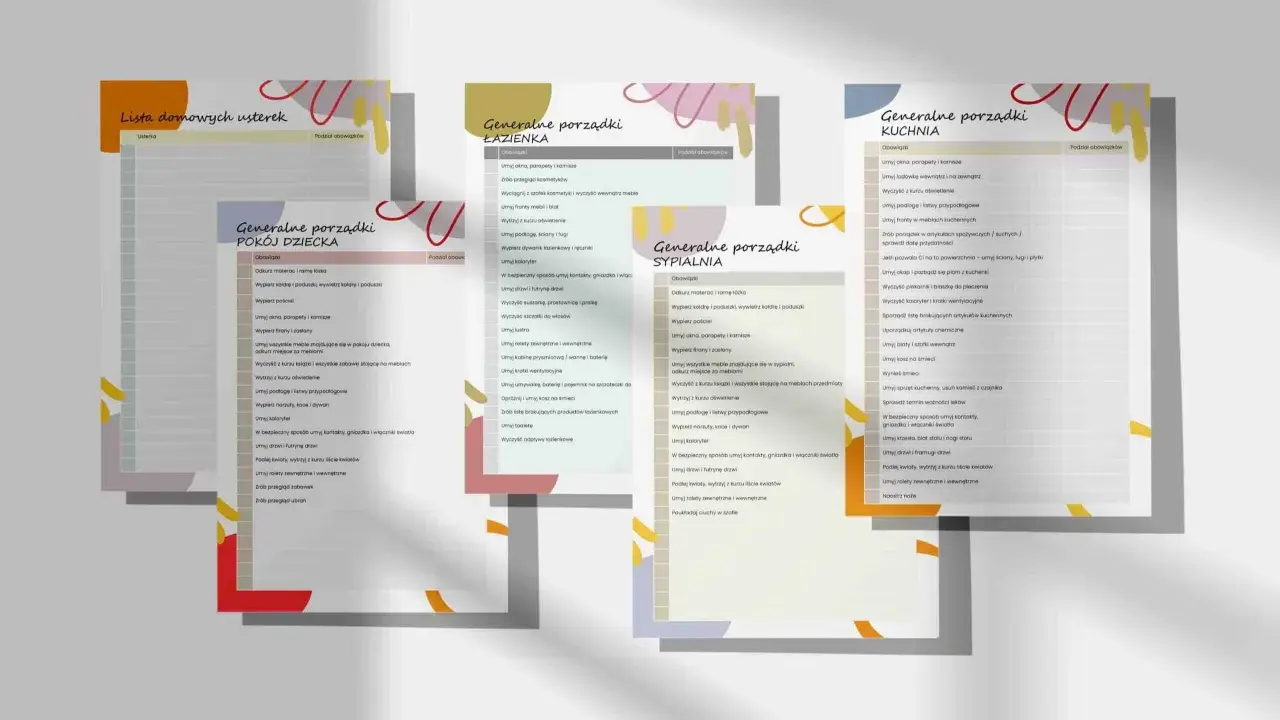Lista domowych usterek z podziałem na pokoje: łazienka, kuchnia, pokój dziecka i sypialnia. Pomaga w organizacji porządków w domu.
