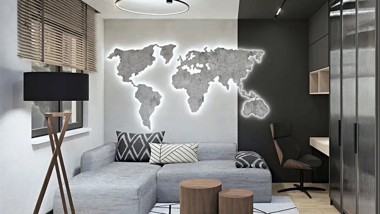 Nowoczesny męski pokój inspiracje: szara kanapa, podświetlana mapa świata na ścianie, drewniane stoliki i biurko.