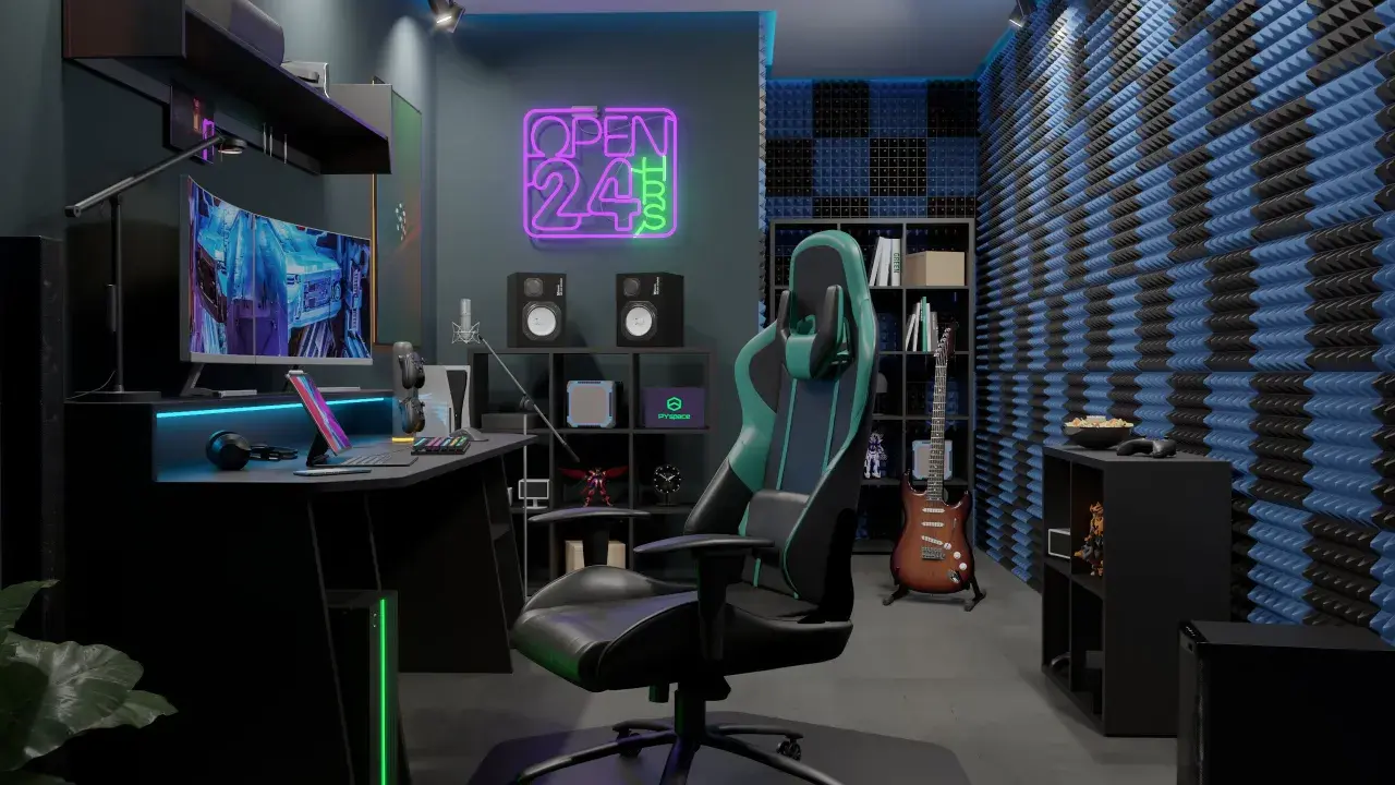 Nowoczesny pokój gamingowy z neonem "OPEN 24h", wygodnym fotelem, biurkiem z komputerem i gitarą elektryczną w tle.