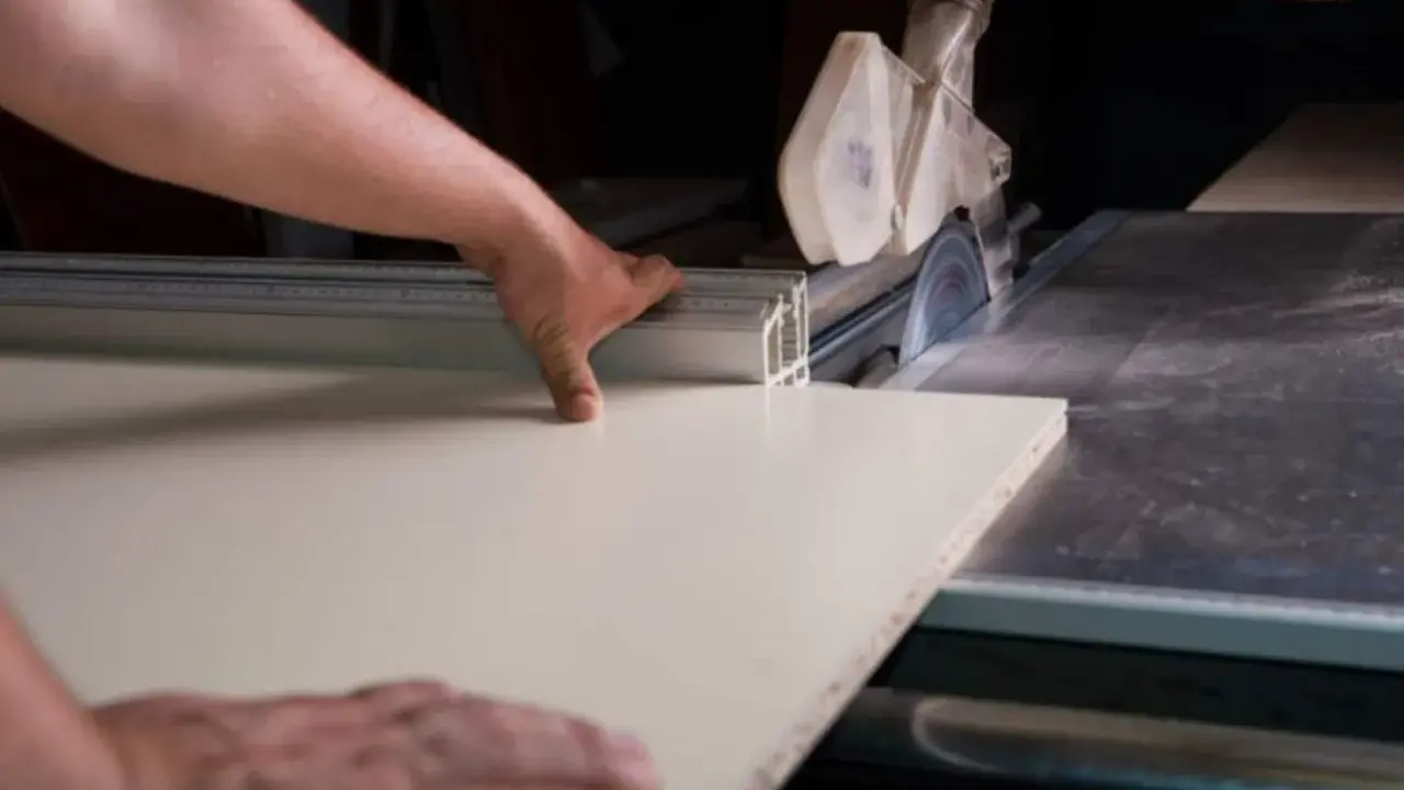Precyzyjne cięcie blatu laminowanego na pile tarczowej. Ręka prowadzi materiał, zapewniając idealną linię cięcia.