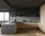 Nowoczesna kuchnia z drewnianymi frontami i betonowym blatem. Idealne kuchnia inspiracje dla miłośników minimalizmu i naturalnych materiałów.