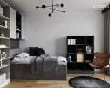 Nowoczesny pokój młodzieżowy dla dziewczyny: inspiracje. Szara tapeta w geometryczne wzory, wygodne łóżko, regały i stylowy fotel.