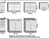 Wymiary szafek kuchennych: górne 30-58 cm wysokości, dolne 85 cm. Standardowa głębokość szafek kuchennych to 60 cm.
