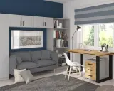 Nowoczesne biuro z sofą, biurkiem i regałami. Inspiracja, jak urządzić biuro, by było funkcjonalne i stylowe.