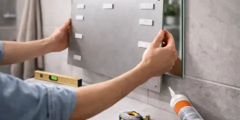 Mężczyzna przykleja lustro do ściany, używając taśmy dwustronnej. Obok leżą poziomica i miarka.