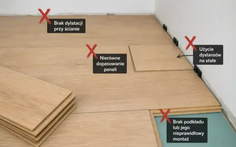 Błędy przy układaniu paneli podłogowych: brak dylatacji, nierówne dopasowanie, użycie dystansów na stałe, brak lub zły podkład.