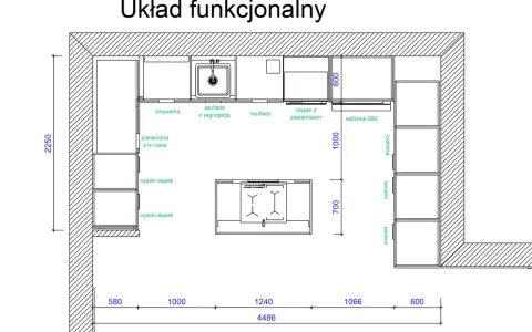 Plan kuchni z wymiarami: zmywarka, lodówka, piekarnik, wysokie słupki. Jak narysować projekt kuchni?