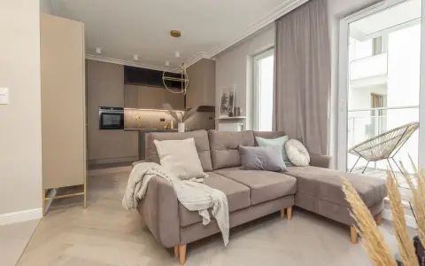 Nowoczesny salon z aneksem kuchennym. Dominują barwy monochromatyczne przykłady: beże, szarości, brązy. Miękka sofa, jasne drewno.
