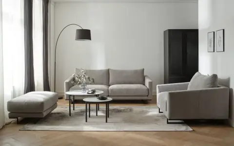Nowoczesny salon z szarymi meblami i beżowym dywanem. Czy szary z beżem pasuje? Tak, tworzy elegancką i spokojną przestrzeń.