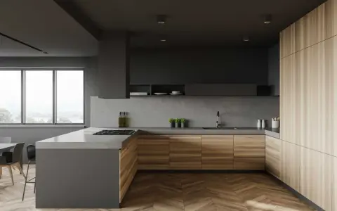 Nowoczesna kuchnia z drewnianymi frontami i betonowym blatem. Idealne kuchnia inspiracje dla miłośników minimalizmu i naturalnych materiałów.