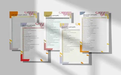 Lista domowych usterek z podziałem na pokoje: łazienka, kuchnia, pokój dziecka i sypialnia. Pomaga w organizacji porządków w domu.