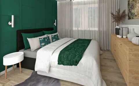 Elegancka, zielona sypialnia z wygodnym łóżkiem, ozdobnym zagłówkiem i stylowymi dodatkami.
