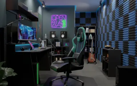 Nowoczesny pokój gamingowy z neonem "OPEN 24h", wygodnym fotelem, biurkiem z komputerem i gitarą elektryczną w tle.