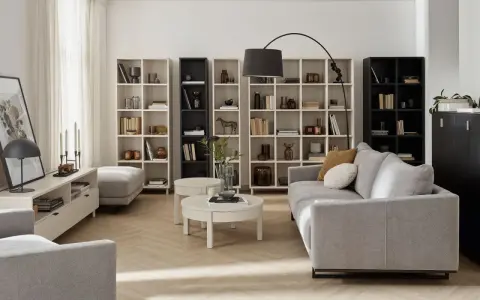 Nowoczesny salon beżowo szary z szarą kanapą, białymi regałami i czarną szafką.