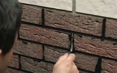Ręka wygładza fugę między cegłami klinkierowymi. Prace wykończeniowe przy elewacji.