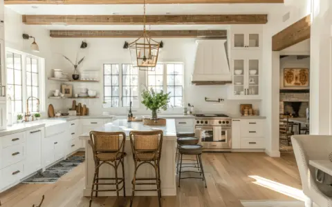 Jasna kuchnia w stylu farmhouse z drewnianymi belkami, wyspą i rattanowymi hokerami.