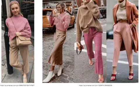 Róż i pudrowy róż świetnie komponują się z brązem i beżem, tworząc eleganckie stylizacje.