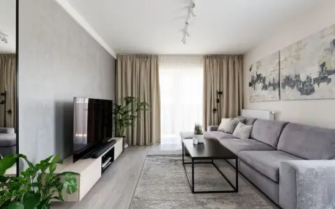 Nowoczesny salon z szarą kanapą i abstrakcyjnymi obrazami. Świetny pomysł na ścianę za kanapą – dwie duże, geometryczne grafiki.
