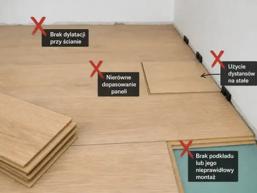 Błędy przy układaniu paneli podłogowych: brak dylatacji, nierówne dopasowanie, użycie dystansów na stałe, brak lub zły podkład.