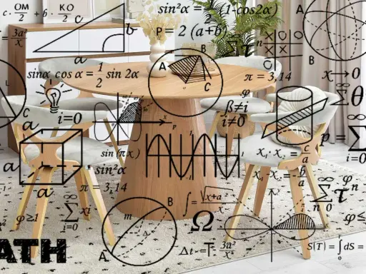 Okrągły stół z krzesłami, otoczony wzorami matematycznymi. Ile miejsca na stół z krzesłami? Wiele!