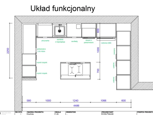 Plan kuchni z wymiarami: zmywarka, lodówka, piekarnik, wysokie słupki. Jak narysować projekt kuchni?