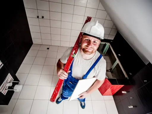 Budowlaniec w kasku i ogrodniczkach trzyma poziomicę i płytkę. Pokazuje, jak skuć płytki bez kurzu.