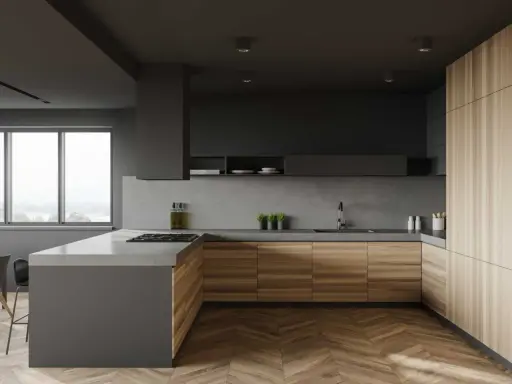Nowoczesna kuchnia z drewnianymi frontami i betonowym blatem. Idealne kuchnia inspiracje dla miłośników minimalizmu i naturalnych materiałów.