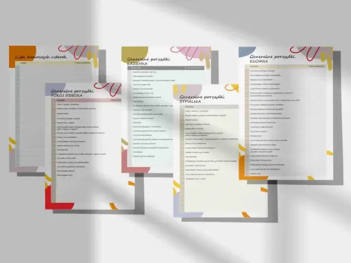 Lista domowych usterek z podziałem na pokoje: łazienka, kuchnia, pokój dziecka i sypialnia. Pomaga w organizacji porządków w domu.