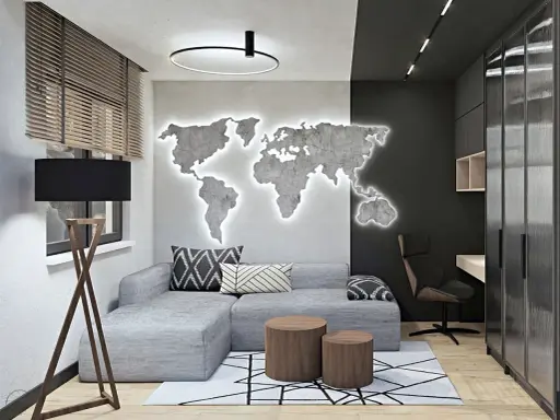 Nowoczesny męski pokój inspiracje: szara kanapa, podświetlana mapa świata na ścianie, drewniane stoliki i biurko.