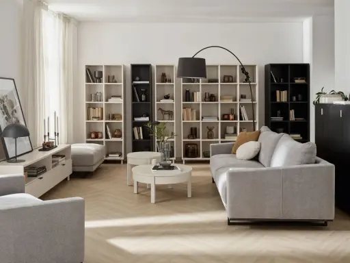 Nowoczesny salon beżowo szary z szarą kanapą, białymi regałami i czarną szafką.