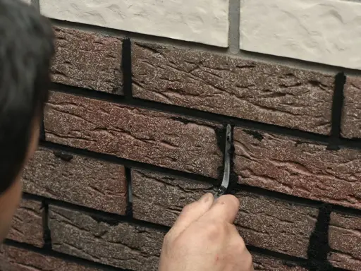 Ręka wygładza fugę między cegłami klinkierowymi. Prace wykończeniowe przy elewacji.