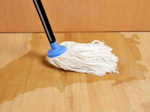 Mop na drewnianej podłodze, gdzie woda pod panelami tworzy kałuże.