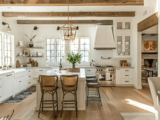 Jasna kuchnia w stylu farmhouse z drewnianymi belkami, wyspą i rattanowymi hokerami.