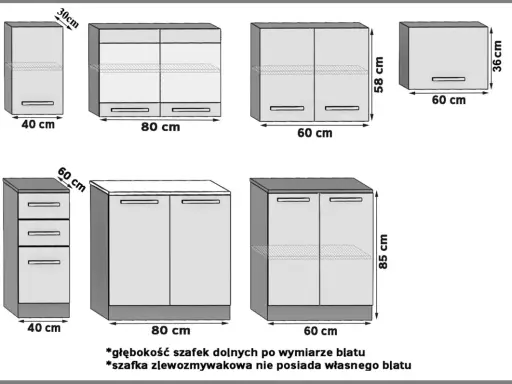 Wymiary szafek kuchennych: górne 30-58 cm wysokości, dolne 85 cm. Standardowa głębokość szafek kuchennych to 60 cm.