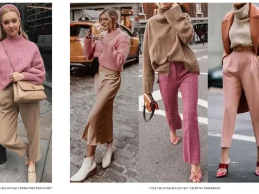 Róż i pudrowy róż świetnie komponują się z brązem i beżem, tworząc eleganckie stylizacje.