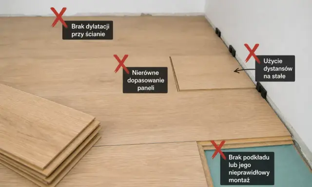 Błędy przy układaniu paneli podłogowych: brak dylatacji, nierówne dopasowanie, użycie dystansów na stałe, brak lub zły podkład.