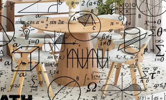 Okrągły stół z krzesłami, otoczony wzorami matematycznymi. Ile miejsca na stół z krzesłami? Wiele!