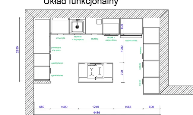 Plan kuchni z wymiarami: zmywarka, lodówka, piekarnik, wysokie słupki. Jak narysować projekt kuchni?