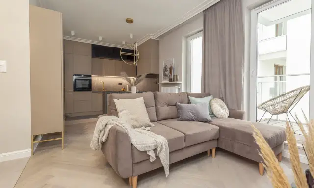 Nowoczesny salon z aneksem kuchennym. Dominują barwy monochromatyczne przykłady: beże, szarości, brązy. Miękka sofa, jasne drewno.