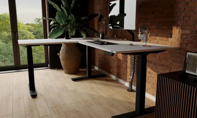 Ergonomiczne ustawienie biurka względem okna zapewnia naturalne światło. Duża roślina dodaje życia.