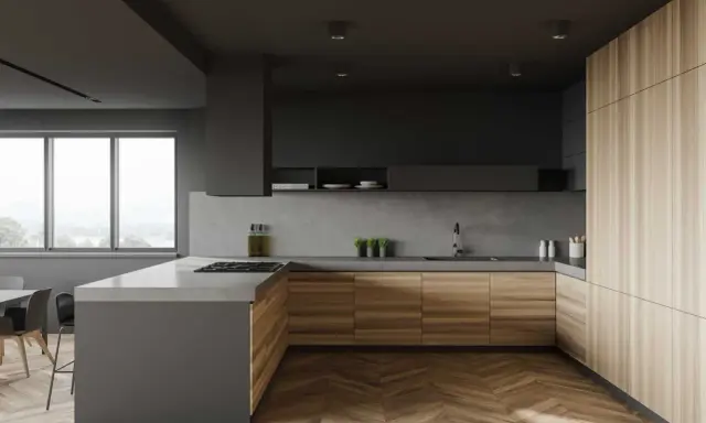 Nowoczesna kuchnia z drewnianymi frontami i betonowym blatem. Idealne kuchnia inspiracje dla miłośników minimalizmu i naturalnych materiałów.