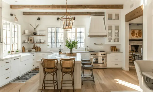 Jasna kuchnia w stylu farmhouse z drewnianymi belkami, wyspą i rattanowymi hokerami.
