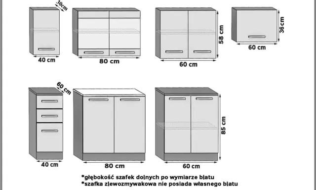 Wymiary szafek kuchennych: górne 30-58 cm wysokości, dolne 85 cm. Standardowa głębokość szafek kuchennych to 60 cm.