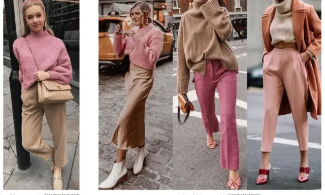 Róż i pudrowy róż świetnie komponują się z brązem i beżem, tworząc eleganckie stylizacje.