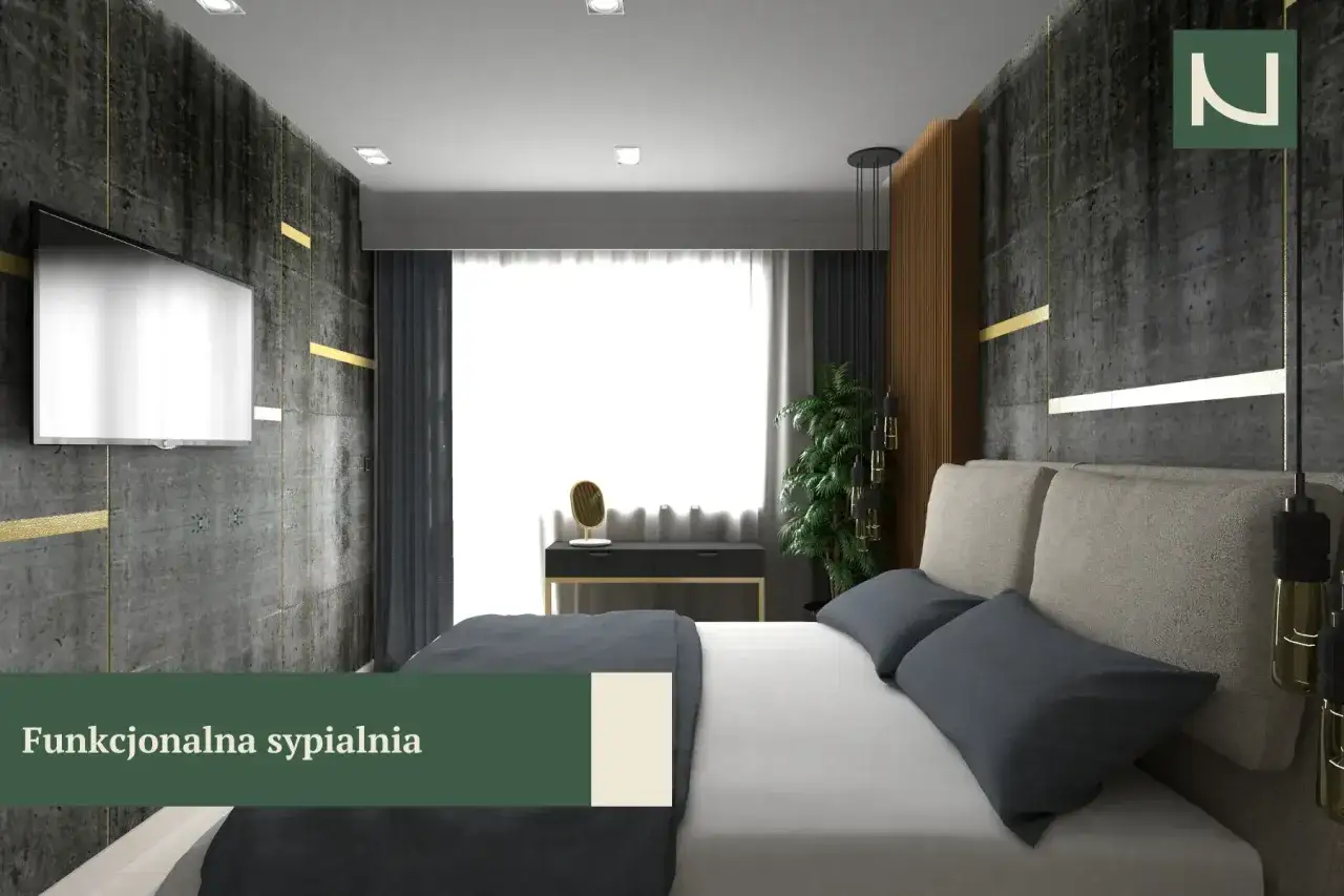 Nowoczesna sypialnia bez okna, z betonową ścianą, dużym ł&oacute;żkiem i telewizorem.