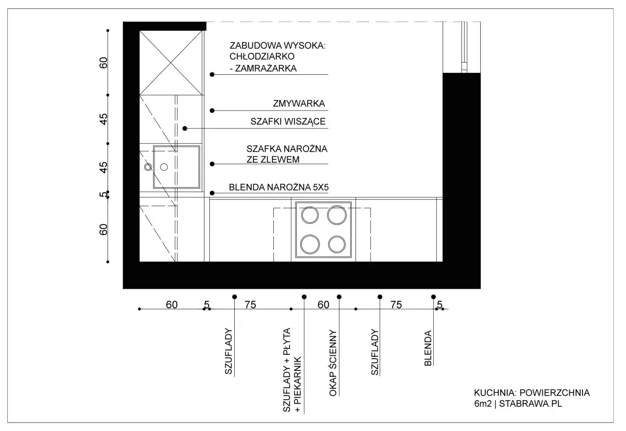 Projekt kuchni: zabudowa z lod&oacute;wką, zmywarką, szafkami wiszącymi, zlewozmywakiem i płytą grzewczą. Wymiary i rozmieszczenie element&oacute;w.